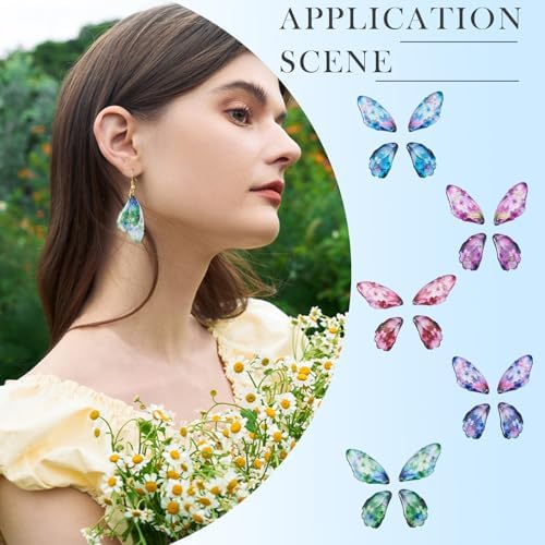 FASHEWELRY 20Pcs Resin Feather Wing Charms Mixed Color Flower Prints Fairy Wing Earring Pendants Colorful Butterfly Charms with Gold Foil for Jewelry Making - Earring Hooks & Jump Rings - Image 4