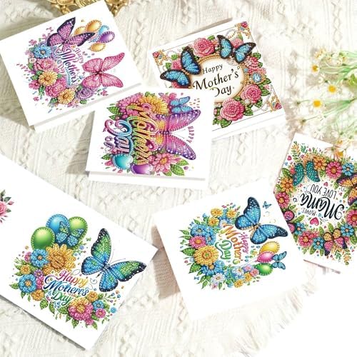 Tontut 6pcs 5D Diamond Art Painting Greeting Card Kit, Butterfly Flower Adult DIY with Envelope, Special Shape Diamond Design Greeting Card Creative Birthday Holiday Gift - Image 4