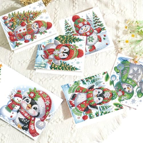 8pcs Christmas Diamond Painting Greeting Cards Christmas snowman & penguin, for Blessings and Wishes, Special Shape Crystal Partial Mosaic Making Craft, Paper Material, DIY Gifts for Holiday - Image 4