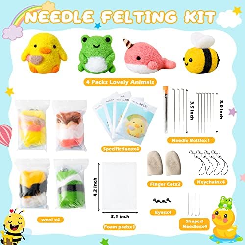 WATINC Set of 4 Cute Animal Needle Felting Starter Kit Frog Chick Bee Narwhal Animal Doll Wool Felting Tools Felt Needles Foam Mat DIY Needlework Craft Party Supplies for Beginners Adults - Image 2