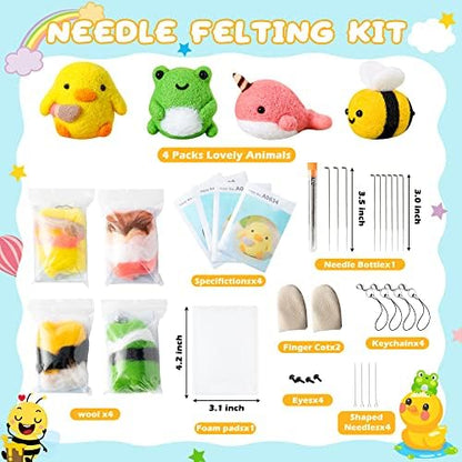 WATINC Set of 4 Cute Animal Needle Felting Starter Kit Frog Chick Bee Narwhal Animal Doll Wool Felting Tools Felt Needles Foam Mat DIY Needlework Craft Party Supplies for Beginners Adults - Image 2