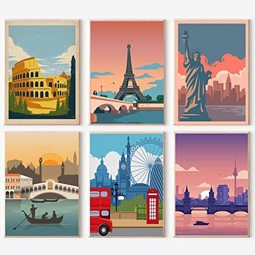 cupmod 6 Packs Paint by Number Kits for Adults Beginners,City Travel Easy Acrylic Kits,Oil Painting Art on Canvas Without Frame Home Wall Decor 7.8x11.8inch (MT11189-MT11194) by Cupmod