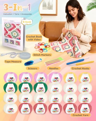 Coopay Crochet Kit for Beginners, Easy 3D Granny Square Blanket Kit, Pink - Image 6