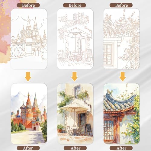 NaTuGi 3Pac Watercolor Workbook for Adults,Watercolor Coloring Book,Portable Watercolor Painting Books,Creative Stress Relief Kit,Suitable for Beginners Birthday Gift (Architecture Series 3pc) - Image 3