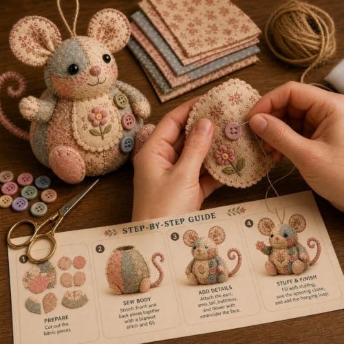 TREBIN Patchwork DIY Sewing Kit for Adults Beginners, Animal Craft Kits, Handmade Beaded Fabric Cover, Sewing Craft Kit for Home Decor Keychain Tissue Box Cover (Patchwork Mouse DIY Kit) - Image 5