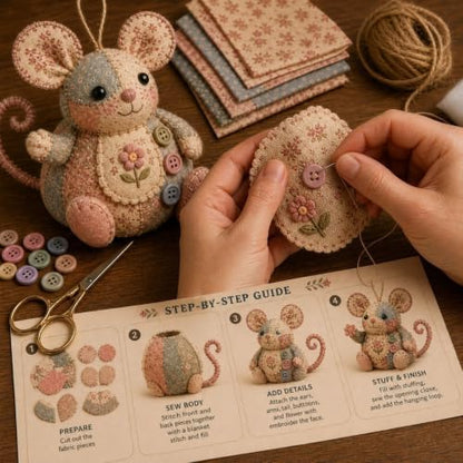 TREBIN Patchwork DIY Sewing Kit for Adults Beginners, Animal Craft Kits, Handmade Beaded Fabric Cover, Sewing Craft Kit for Home Decor Keychain Tissue Box Cover (Patchwork Mouse DIY Kit) - Image 5