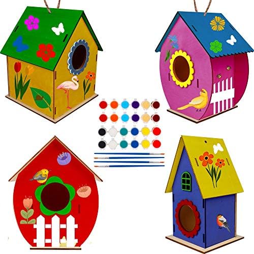 Glintoper Art Craft Wood Toys for Kids, 4 Pack DIY Bird House Kit Painting Puzzle DIY Wooden Assembly, Build and Paint Birdhouse, Include Paints & Brushes, Wooden Arts for Girls Boys Toddlers by Glintoper