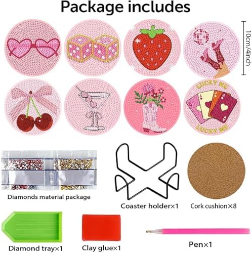8 Pcs Diamond Art Coasters with Holder, Pink Cute Diamond Painting Kits for Adults Beginners, Non-Slip Gem Art Coasters for Home Decor Gift - Image 2