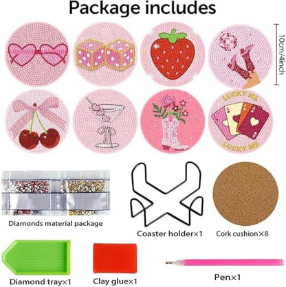 8 Pcs Diamond Art Coasters with Holder, Pink Cute Diamond Painting Kits for Adults Beginners, Non-Slip Gem Art Coasters for Home Decor Gift - Image 2