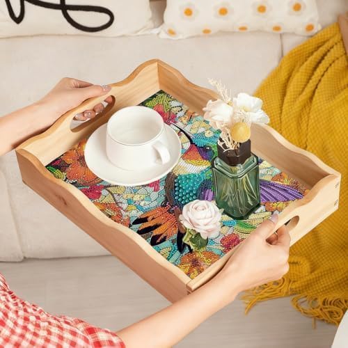 EWJRNSF 5D Diamond Painting Flowers Diamond Art Kits for Adults Wooden Serving Trays with Handles Big Gem Arts and Craft Gifts Trays Decor Gift Home Decor 9.8x13.8 Inches Hummingbird - Image 7