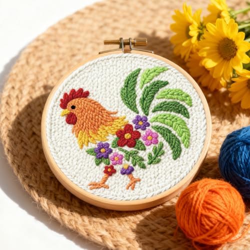 INFUNLY Rooster Punch Needle Embroidery Kits for Beginners Adults Flower DIY Punch Needle Starter Kits Animal Needles Stitching Kit with Instruction Tools Yarns for Art Crafts Festival Gift Home Decor - Image 4