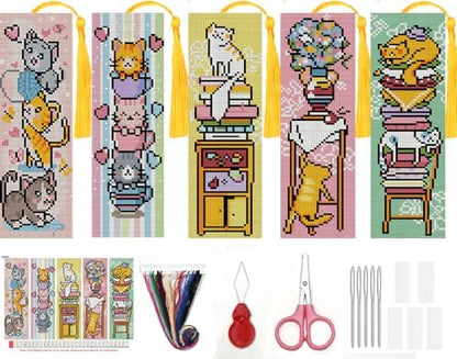 5pc Cat Bookshelf Stamped Cross Stitch Embroidery Kit for Adult Beginners by Paintcolordiamondpainting