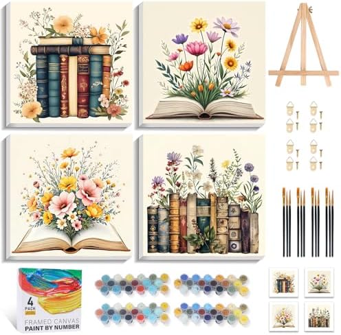 4 Pack Framed Paint by Numbers Kit for Adults with Wooden Easel, Book by Yezavesu