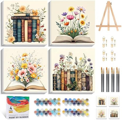 4 Pack Framed Paint by Numbers Kit for Adults with Wooden Easel, Book by Yezavesu