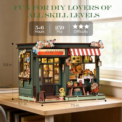 Book Nook Kit - DIY Miniature House Kit with LED Light, Flower Shop Wooden Bookshelf Decor, 3D Puzzles for Adults, Home Office Shelf Decoration, Creative Gift for Women, Book Lovers - Image 3