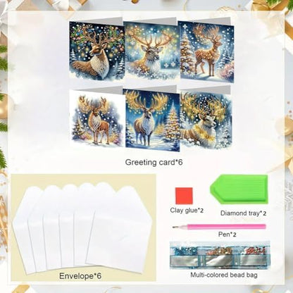 jinglinhh 6pcs Snowy Reindeer Christmas Tree Diamond Art Painting Greeting Cards with Envelopes, DIY Card Making Kits for Adults, Diamond Art Postcards Christmas Cards Craft Gifts - Image 3
