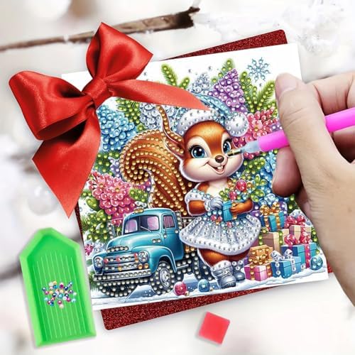 jinglinhh 6pcs Diamond Art Painting Christmas Squirrel Lavender Hydrangea Flowers Truck Greeting Cards with Envelopes, DIY Card Making Kits for Adults, Diamond Art Postcards Christmas Cards Craft Gift - Image 5