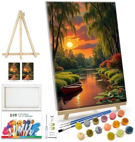 JOOZ Landscape Paint by Numbers Kit for Adults with Frame Sunset Paint by Number with Easel Boat Adult Paint by Number Kits Framed Canvas Boat Oil Painting Kits for Home Wall Decor 8x12 Inch by Jooz