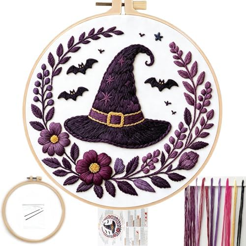 FONNUY Halloween Embroidery Kits for Beginners,Skull Pumpkin Spider Web Floral Stamped Cross Stitch Kit for Adults, Spooky Season Boho Wall Decor, 8'' Hoop (Witch Hat) by FONNUY