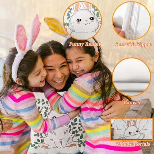 FONNUY Easter Throw Pillow Case Embroidery Kit, Eucalyptus Leaves Happy Rabbit Bunny Stamped Pattern Kits for Audlt Beginners, Hand Works Crafts Throw Pillow Cover, 18 x 18'' (Rabbit 01) - Image 4