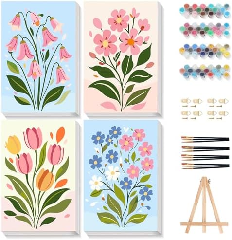 Gemozaic 4 Pack Paint by Numbers Kit for Adults with Frame, Easy Flowers by Gemozaic