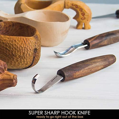 BeaverCraft Wood Spoon Carving Tools Kit S14x Deluxe - Whittling Tools Set Includes Sloyd Wood Carving Knife, Hook Knife, Gouge, Leather Roll-Up Case & Leather strop with Polishing Compound - Image 3