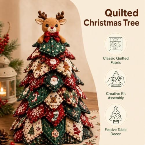 Quilted Christmas Tree Kit – Pre-Cut Fabric & Foam Cone DIY Tabletop Decoration with Tree Topper, No-Sew Holiday Craft Kit for Adults & Kids, Christmas Tree Decorations for Home, Party & Gifts (set6) - Image 2