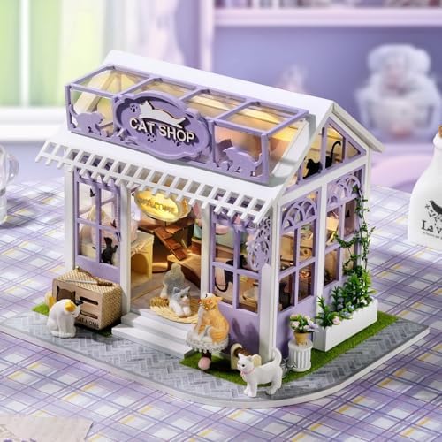 CUTEROOM Miniature House Kits for Adults, Mini Dollhouse Wooden Furniture Kit, DIY Craft Kits Creative Room Tiny House for Decoration-Kitten Paradise - Image 3
