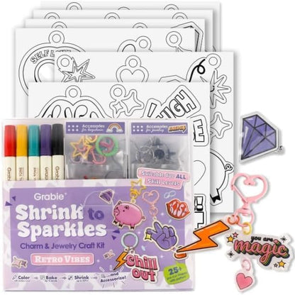 Grabie Shrink Art Craft Kit of 25+ Shapes, Markers & Charms, Retro Vibes by Grabie