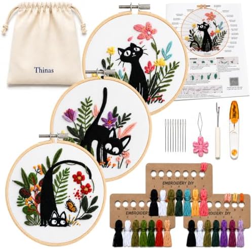 Thinas Embroidery Kit for Beginners Adults, 3 Pack Stamped Cat Cross Stitch Starter Set with Patterns & Video Tutorial, DIY Sewing Craft Supplies for Cat Lovers, Home Decor Gift Idea by Thinas