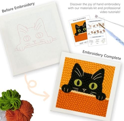 SDOYUNO Punch Needle Kit with Frame for Adults Beginners Kits 9.84 x 9.84 Inch Embroidery Starter Kits Punch Needle Kit with Black Cat Pattern, Threader, Yarns, Rug Punch, DIY Craft Kits (Black) - Image 3