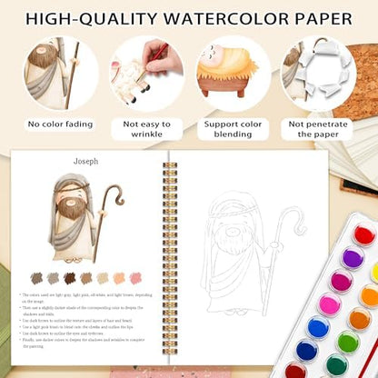 Easy Christianity Watercolor Workbook for Beginners, Water Coloring Book, 18 Colors Watercolor Paint Set, 12 Patterns Watercolor Kit, Faith-Based, Relaxing DIY Art Gift for Adults (Jesus) - Image 3