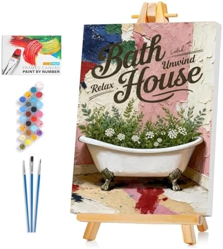 Framed Paint by Numbers Kit for Adults Beginner & Kids Ages 10-13, Bathroom Decor Paint by Numbers with frame, without Easel, DIY Acrylic Number Painting for Adults for Home Decor Gift 8 x 12 Inch by Unknown