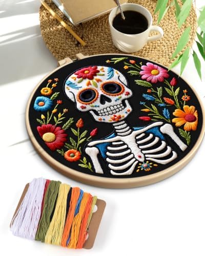 TINDTOP Embroidery Kit for Adult Beginners, Embroidery DIY Starter Kit, with Stamped Patterns, Hoop, Tools, Colorful Threads with Needles, Instructions (Skeleton C) - Image 7