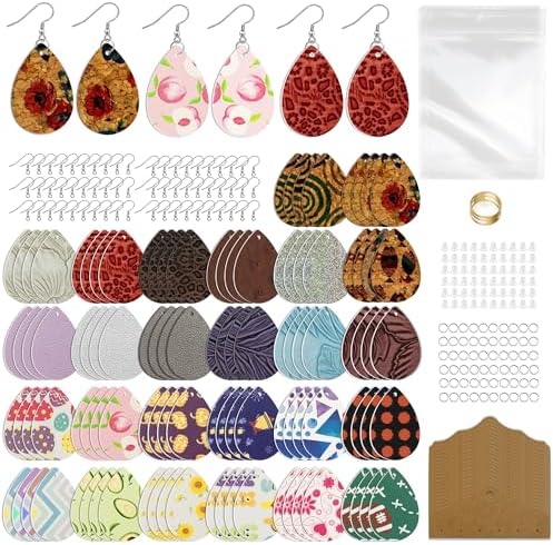 AOUXSEEM 401 Pcs Faux Leather Earrings Making Kit, Contains 120 Pcs Random Double Sided Teardrop Precut Earrings Pieces Hooks Jump Rings Opener Display Cards Self-Adhesive Bags by AOUXSEEM