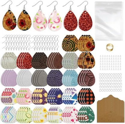 AOUXSEEM 401 Pcs Faux Leather Earrings Making Kit, Contains 120 Pcs Random Double Sided Teardrop Precut Earrings Pieces Hooks Jump Rings Opener Display Cards Self-Adhesive Bags by AOUXSEEM