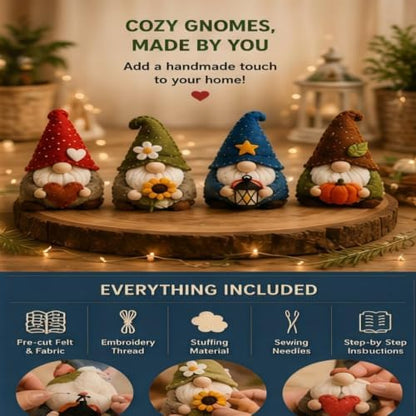 Sewing Kit for Beginners, DIY Felt Sewing Craft Kit with Pre-Cut Fabric & Instructions, Handmade Plush Animal Craft Set for Adults & Teens (Bird) (gnome) - Image 7