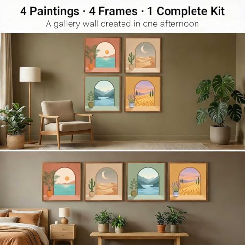 Amphol Framed Paint by Numbers Kit for Adults Beginners - 10x10 Inch Boho Landscape Easy 4 Pack Acrylic Paint by Number Kit on Framed Canvas, DIY Oil Painting Arts with Frame, Home Wall Decor Gift - Image 3