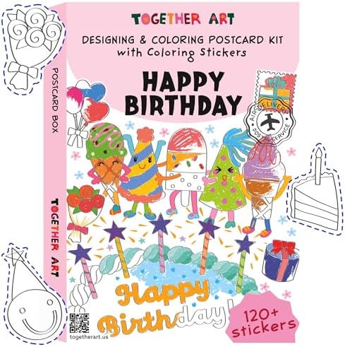 Together Art Happy Birthday Card Making Kit for Kids - DIY Coloring Stickers, Arts and Crafts Activity, Color Your Own Storytelling Sticker Set, Cards Kids Can Color, Gift for Girls, Boys Ages 3-10+ by TogetherArtDesigningColoringArtBox