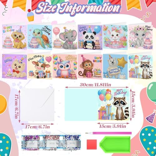 Saillong 12 Pack Happy Birthday Diamond Painting Greeting Card Kits DIY Animal Birthday Diamond Art Cards with Envelopes Cake 5D Rhinestones Painting Kits for Adults DIY Crafts Family Friend Gifts - Image 3