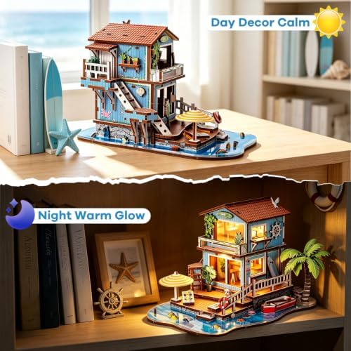 3D Wooden Puzzle Seaside Cottage DIY Miniature Building Kit with LED Lights - Wooden Beach Vacation Craft Model Rural Coastal Home Décor for Adults - Image 2