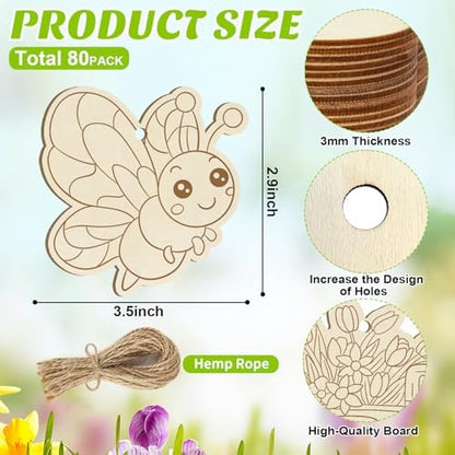 80PCS Wooden Spring Ornaments to Paint, 10 Styles DIY Blank Unfinished Wood Flower Cutouts Butterfly Ornament for Crafts Hanging Decorations, Cute Bee Flower Shape Home Decorations Gifts - Image 7