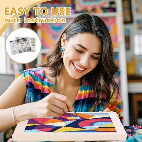 Doodlream Color Geometric Shape Needle Kit for Beginner, 9.4"x 9.4" Abstract Art Punch Stitching Craft Set, Color DIY Embroidery Starter with Printed Frame, Instruction, Threader, Yarn, Pinch Needle - Image 3