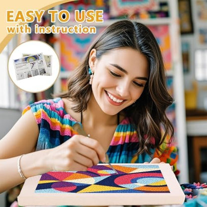 Doodlream Color Geometric Shape Needle Kit for Beginner, 9.4"x 9.4" Abstract Art Punch Stitching Craft Set, Color DIY Embroidery Starter with Printed Frame, Instruction, Threader, Yarn, Pinch Needle - Image 3