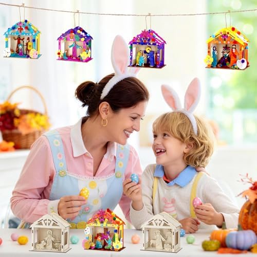 8Pcs Christian Easter Crafts Wooden House for Boy Girl & Adult, Religious Easter Activities DIY Kit with Jesus He Is Risen Egg Bunny, Spring Bible Art Gift for Basket Stuffers Party Favors Decor Bulk - Image 6