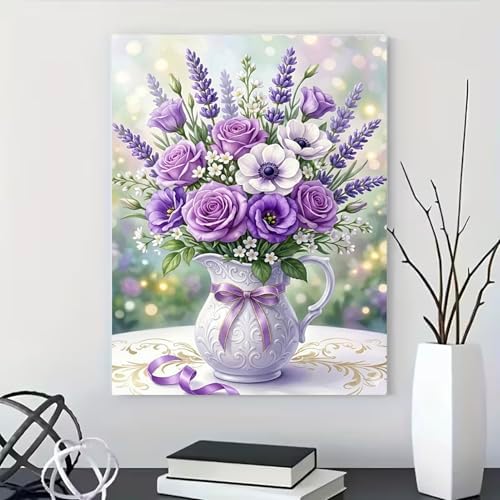 MaiMMaledy Paint by Numbers Kit 8Lx12W inch for Adults Beginners Canvas Pictures with Framed Drawing Painting Acrylic Pigment with Wooden Triangle Easel Purple Bouquet - Image 6