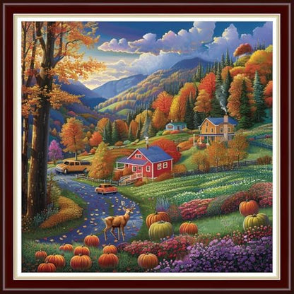 Joyhoor Cross Stitch Kits for Beginners Stamped Cross-Stitch Supplies Needlework preprint Embroidery Kits for Adults DIY Needlepoint Kit Embroidery Patterns 11CT-Autumn Scenery 18x18 inch by JoyhoorCrossStitchKits