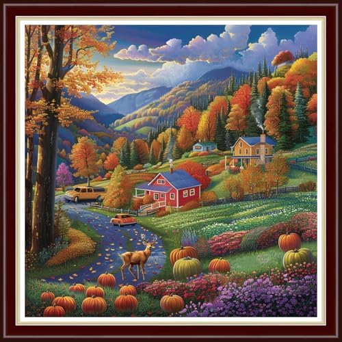 Joyhoor Cross Stitch Kits for Beginners Stamped Cross-Stitch Supplies Needlework preprint Embroidery Kits for Adults DIY Needlepoint Kit Embroidery Patterns 11CT-Autumn Scenery 18x18 inch by JoyhoorCrossStitchKits