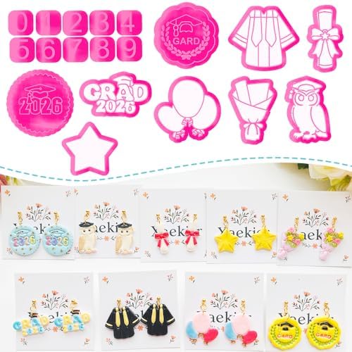 Graduation Polymer Clay Cutters & Stamps Set - 19pcs 0-9 Numbers, GARD/2026 Seals, Owl, Cap, Gown, Balloon for DIY Earring Jewelry, Soft Clay Crafts & Class Party Supplies by Xaekicr