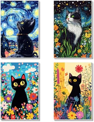 4 Pack Framed Paint by Numbers Kit for Adults Beginner Canvas Painting by Numbers for Adults Black Cat Easy Adult Paint by Number Kits with Frame Starry Night Watercolor Painting by Number 8x12 Inch by Unknown